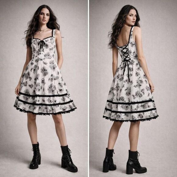 Hot Topic Dresses & Skirts - Hot Topic Gothic Rose & Insect Print Fit Flare Dress M Gothic Whimsigoth Spider